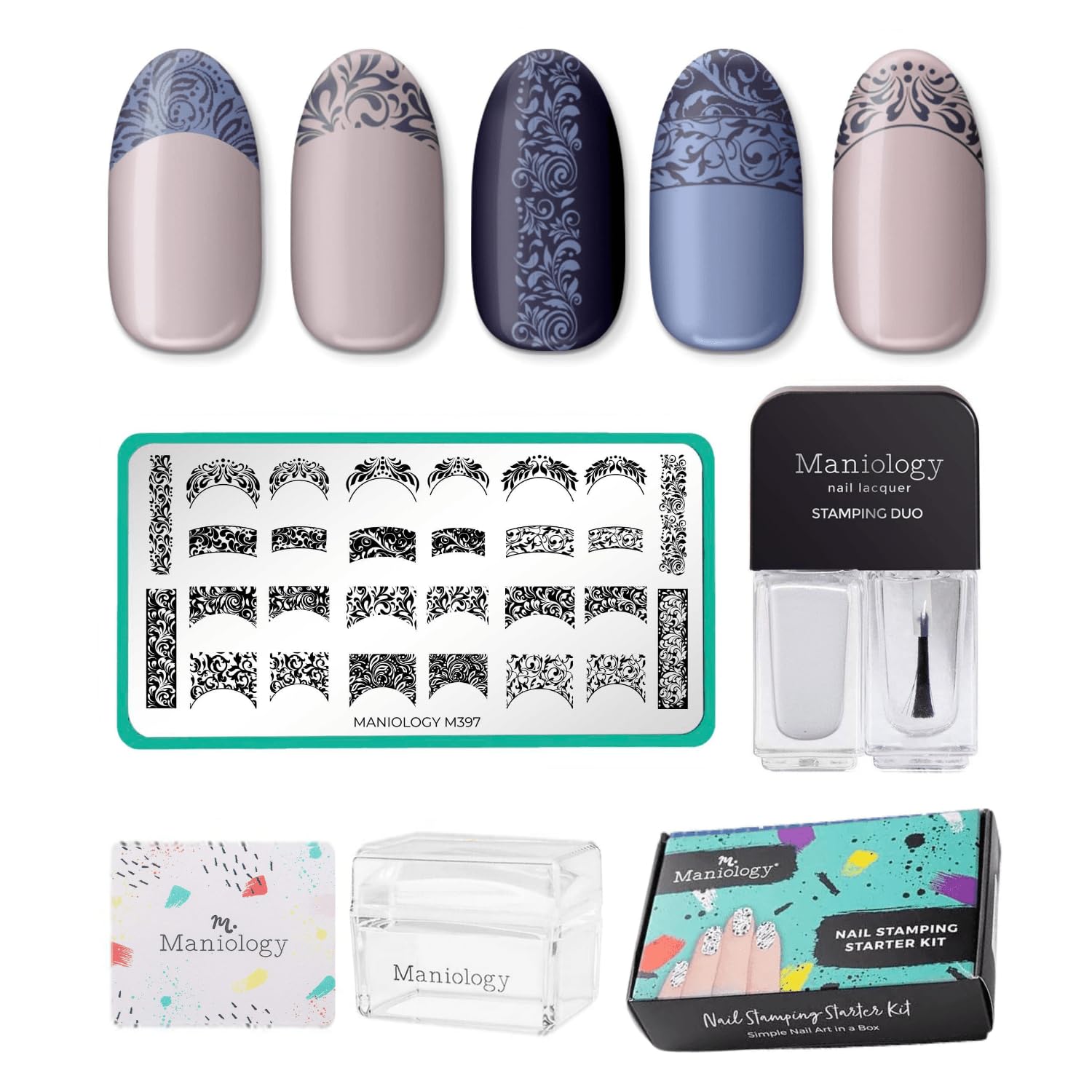 Maniology Antique Swirl French Nail Stamping Starter Kit, Vintage, Classic Whirls, Airy, Twist Manicure Designs