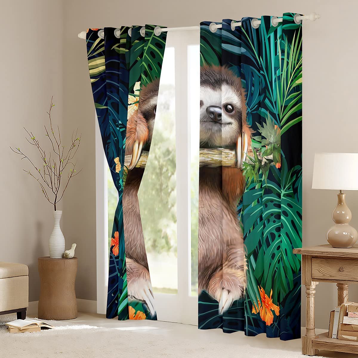 Loussiesd Cute Sloth Curtain Cartoon Animal Window Drapes for Kids Boys Girls Funny Lazy Sloth Tropical Leaves Floral Print Window Treatments Nature Themed Window Curtain Room Decor W46*L72 - Image 3