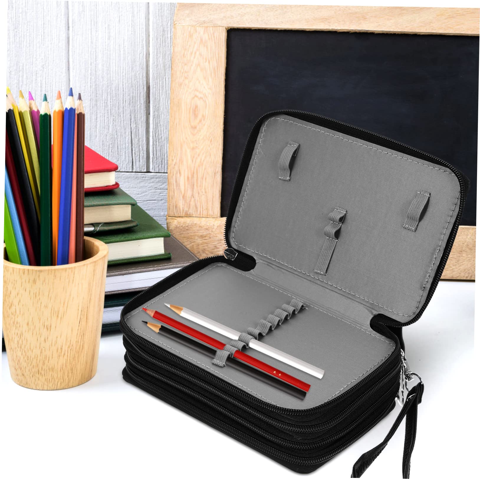 Operitacx Astuccio Pu Strati Con Cerniera Organizer Portatile Per Cancelleria Borsa Per Matite Nera Per Scuola e Ufficio