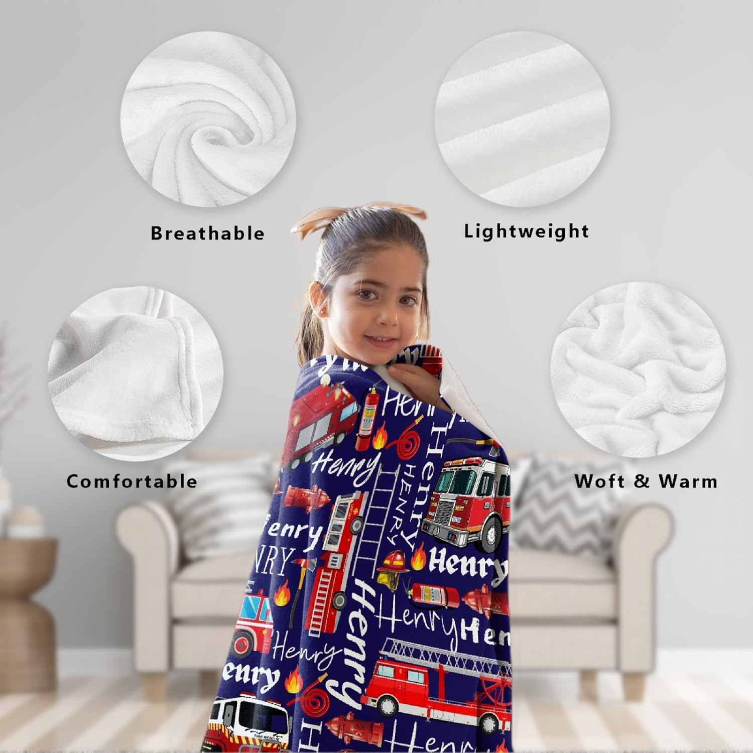 Personalized Fire Engines Truck Custom Fleece Flannel Gift Blanket with Name Lightweight Soft Throw Blanket Cute Cozy Blanket for Bed Couch Travel Outdoor 40''x 50'' for Kids/Child