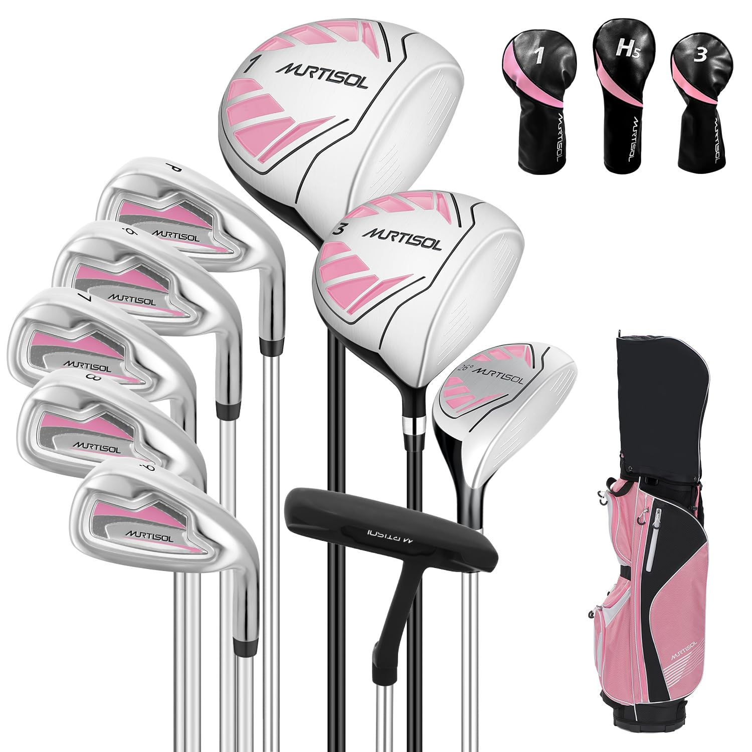 XDriveMax Lot de 10 Clubs de Golf complets pour Femme droitier avec Housse de Pluie, 1#Driver 3#Wood #5 Hybride, avec 3 Couvre-tête, 6# 7# 8# 9# PW# Fers et Putter