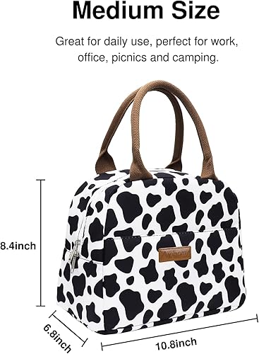 Miniatura 6 de Bolsa de almuerzo aislada reutilizable, bolsa de almuerzo enfriadora para mujeres, hombres y adultos, trabajo y picnic (estampado de vaca)