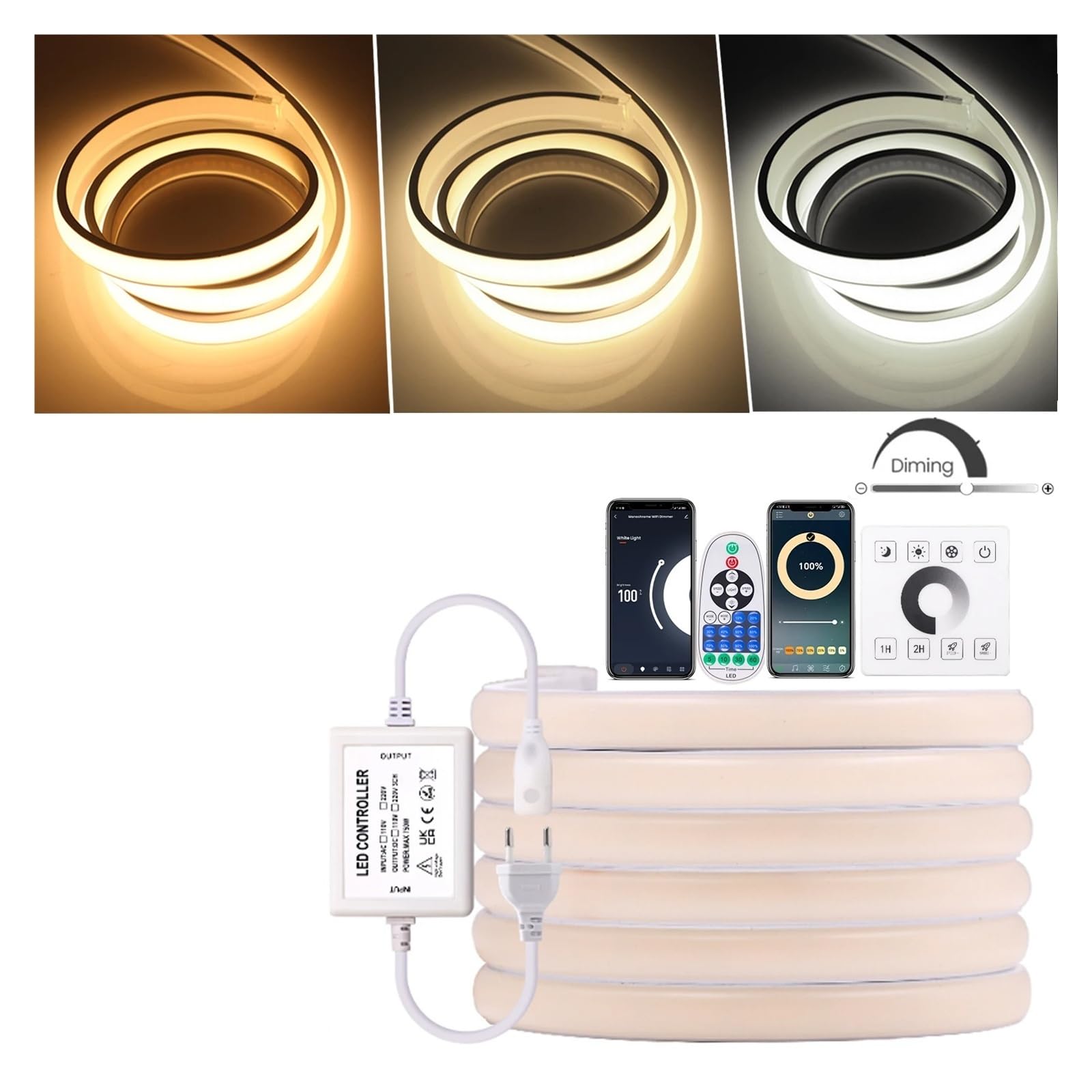 Tira de LED COB inteligente 220V 288LEDs/M Cinta de luz de neón regulable impermeable WiFi Bluetooth Control remoto táctil
