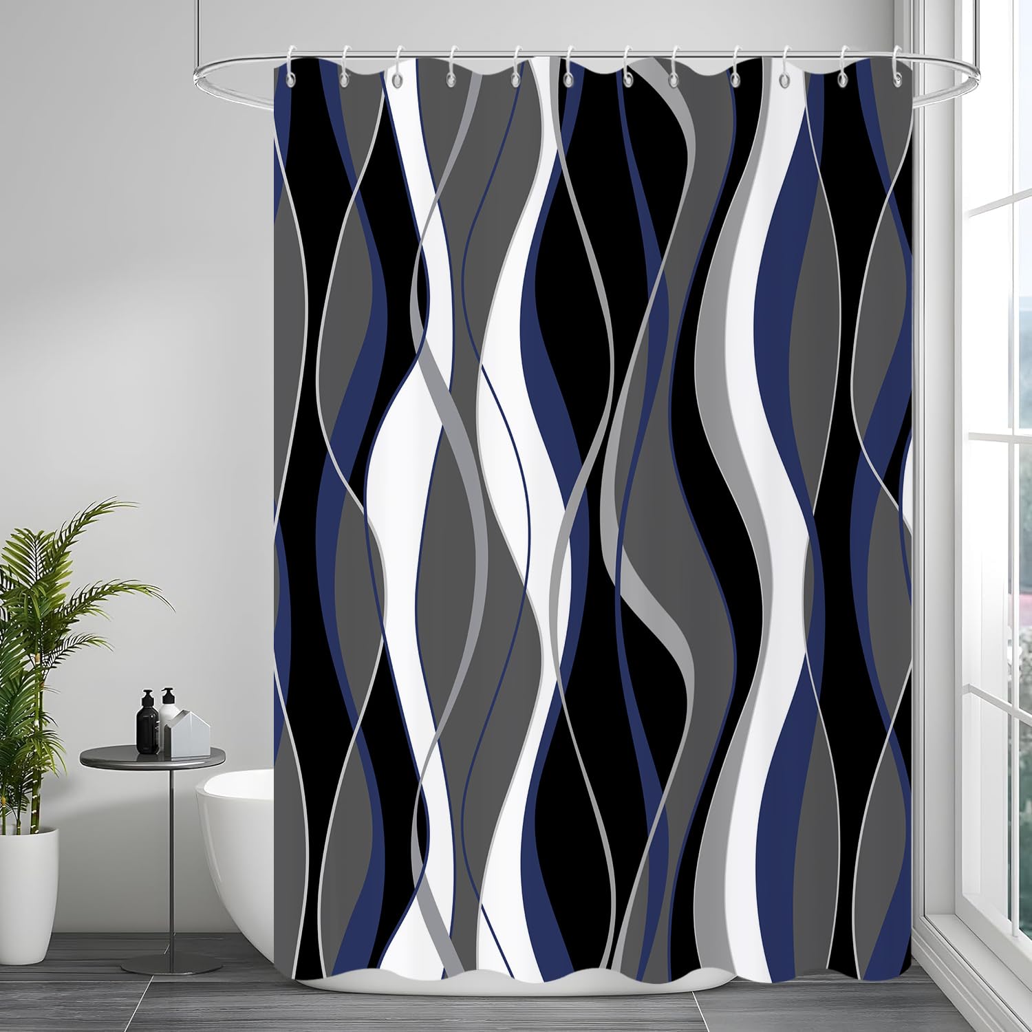 GCIREC Shower Curtain, 180x180cm, Modern Abstract Black Grey White Blue Ombre Striped Minimalist Art Waterproof Fabric Machine Washable Bathroom Curtain with Hooks