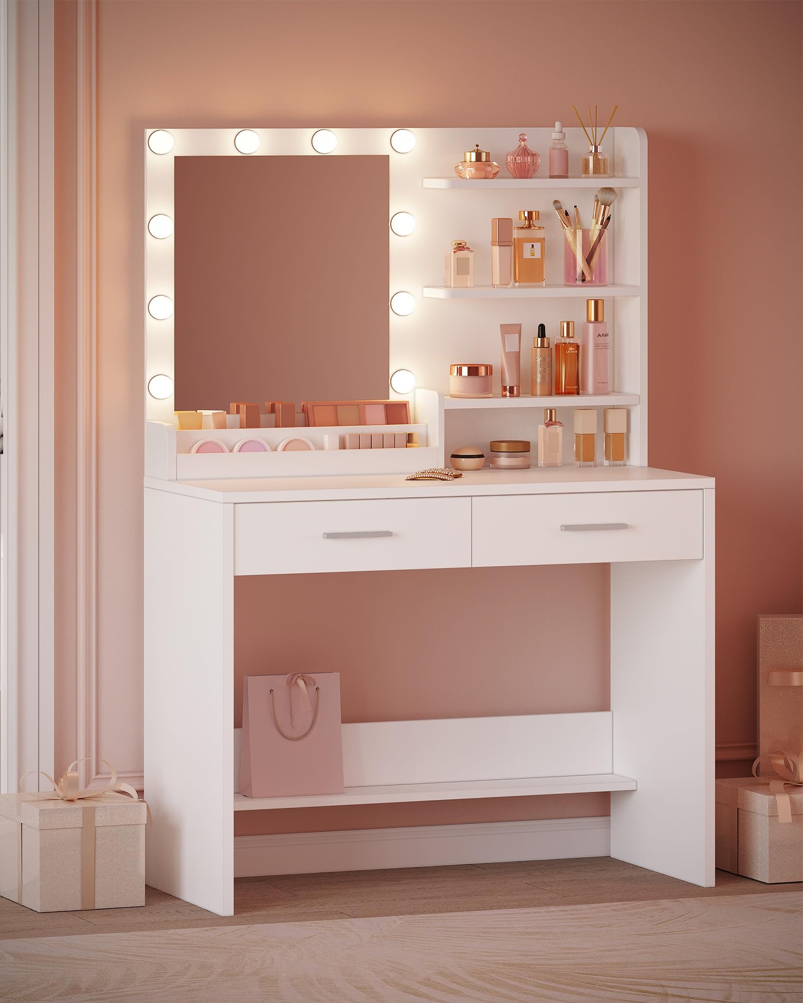 Hzuaneri 90 cm Toeletta da Trucco con Illuminazione a LED, Toeletta da Trucco con specchio, 3 livelli di luminosità, 2 cassetti, 4 ripiani aperti e 2 scomparti, moderna, Bianca DT42703XEU