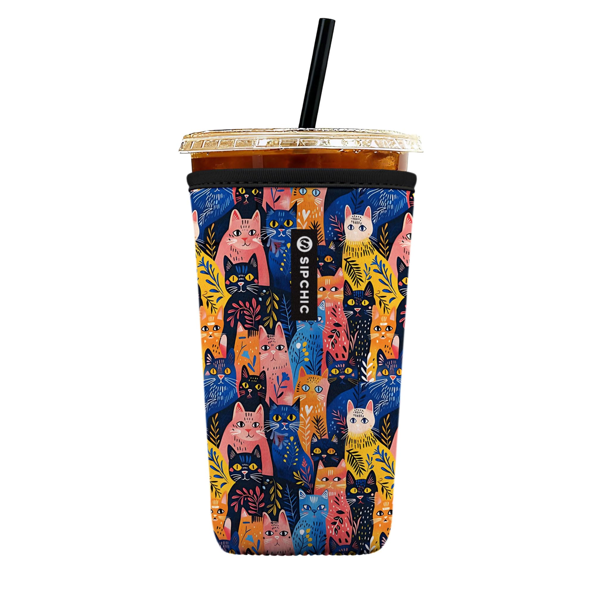 Iced Coffee Sleeve – Neoprene Reusable Cup Sleeves for Drinks, Insulated Drink Sleeves to Keep Hands Dry &amp; Drinks Cold, Stylish &amp; Durable Coffee Sleeves (Meow Jungle, Large: 30-32oz)