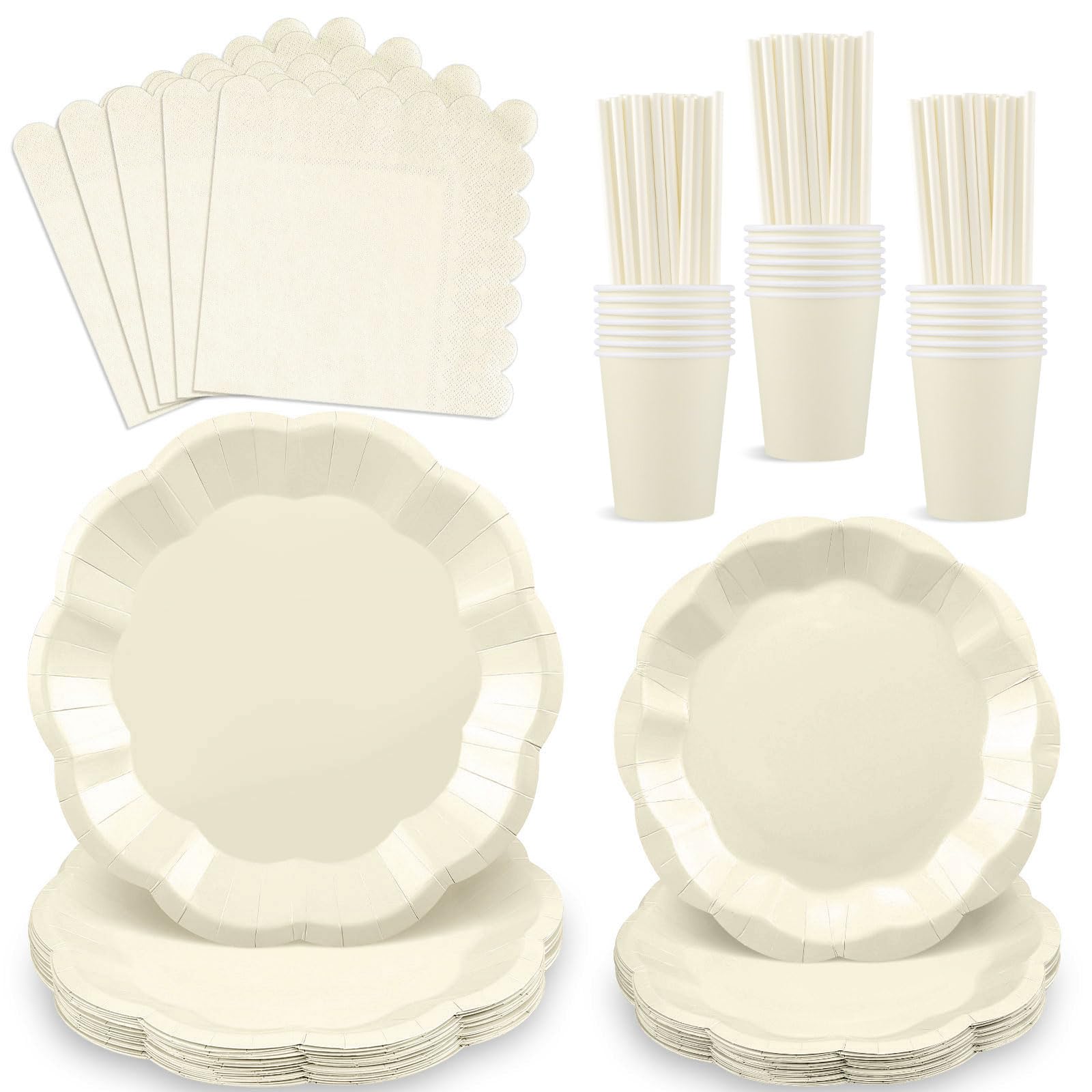 125 Pcs Cream Paper Plates and Napkins, Ivory Party Supplies Include Scalloped Plate Napkins Cups Paper Straws for Baby Shower, Wedding, Birthday โ image 1