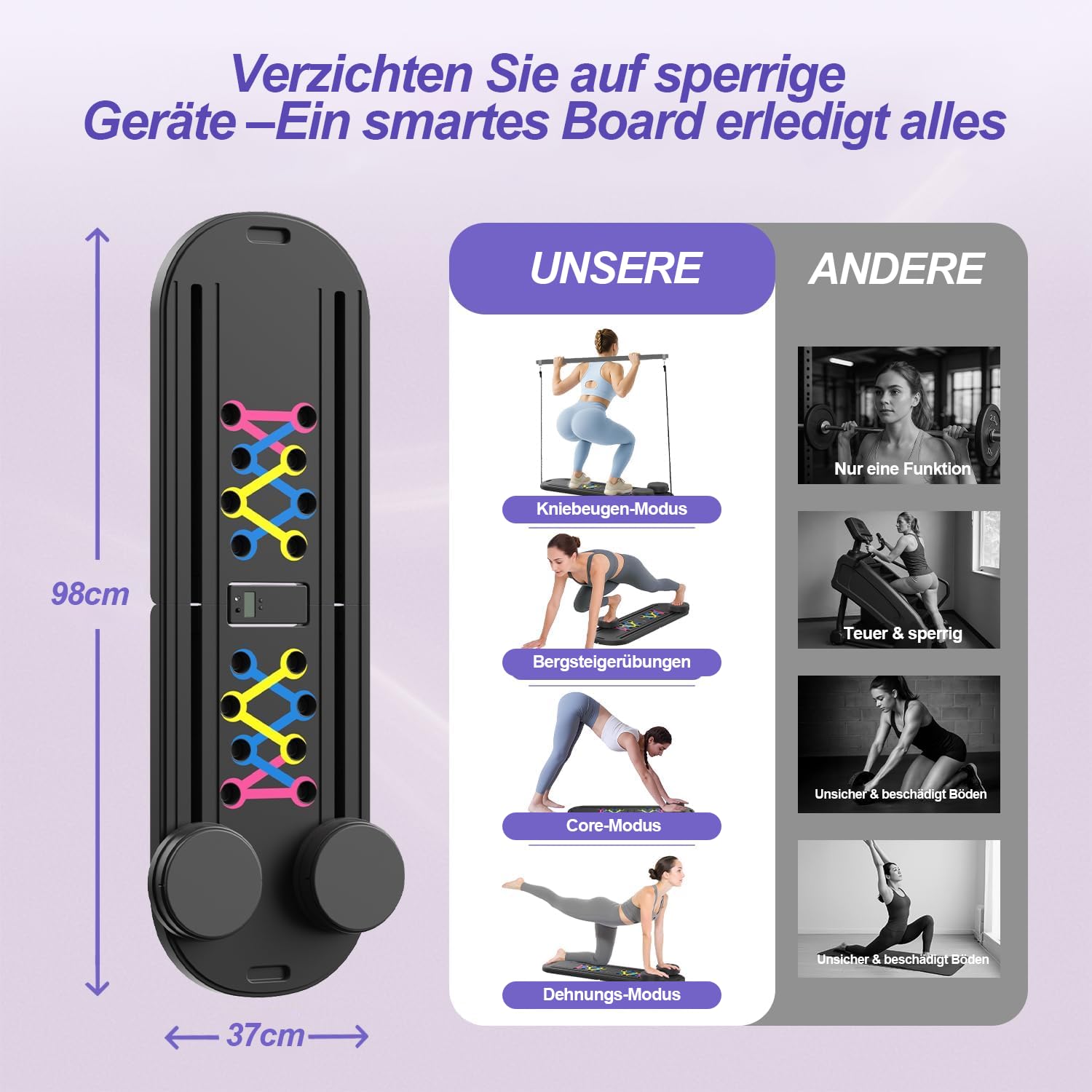 Pilates Board für Zuhause, 8-in-1 Pilates Reformer mit 5 Widerstandsbänder, Faltbarer Pilates Brett mit Automatischer Rückprall, Bauchtrainer & Pilates Bar, Pilates Set für Ganzkörpertraining