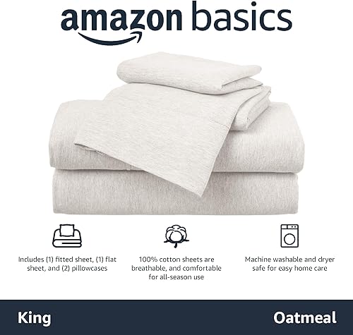 Miniatura 3 de Tienda Basics Juego de sábanas de 4 piezas, 100% algodón, incluye sábanas súper suaves, planas y bajeras, funda de almohada, King, avena, sólido