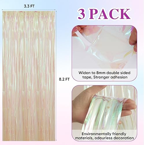 Miniatura 7 de Paquete de 3 cortinas de fondo de flecos de aluminio, cortinas de oropel de 3.3 x 8.2 pies, vaporizadores transparentes para decoración de fiestas,