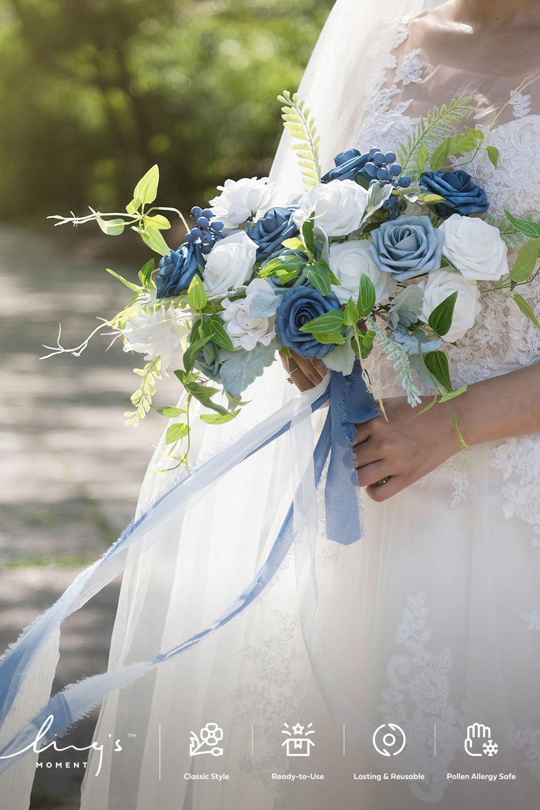 Ling's Moment Juego de flores artificiales de boda para ramos de bricolaje, centros de mesa, arreglos florales (azul polvoriento)
