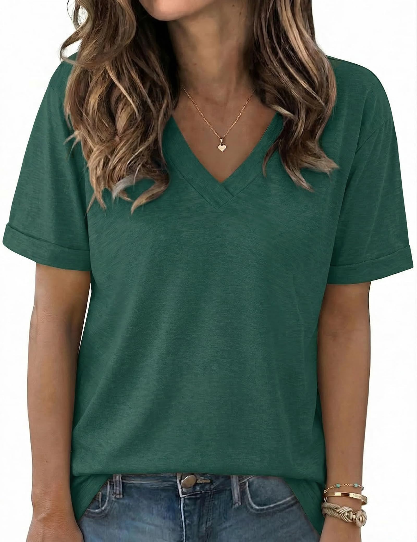 Aottori T-Shirt Damen V-Ausschnitt Kurzarm Locker Sommer Basic | Einfarbige Oberfläche; V-Ausschnitt mit kurzen Ärmeln als klares Designdetail; lockere Passform; für Sommer und warme Tage