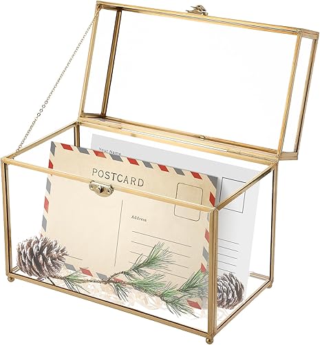 Caja de recuerdo de cristal vintage dorada Caja para tarjetas de boda, caja de vidrio con tapa decorativa para exhibición, caja rectangular