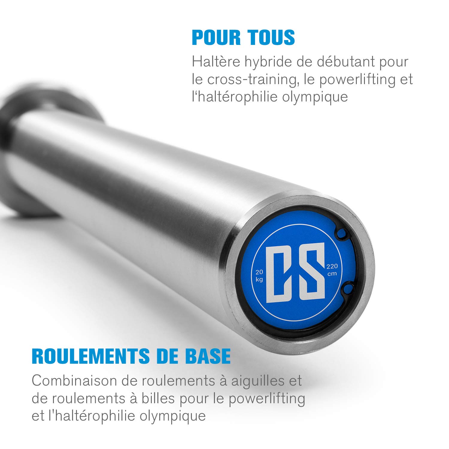 CAPITAL SPORTS Hybrid Men Pro, Men ECO ou Women - Haltère Long Hybride Professionnel, Barre Olympique, 201 ou 220 cm, 15 ou 20 kg, Support :50 mm Ø, Charge Maxi :650 ou 910 kg, Acier, Argent