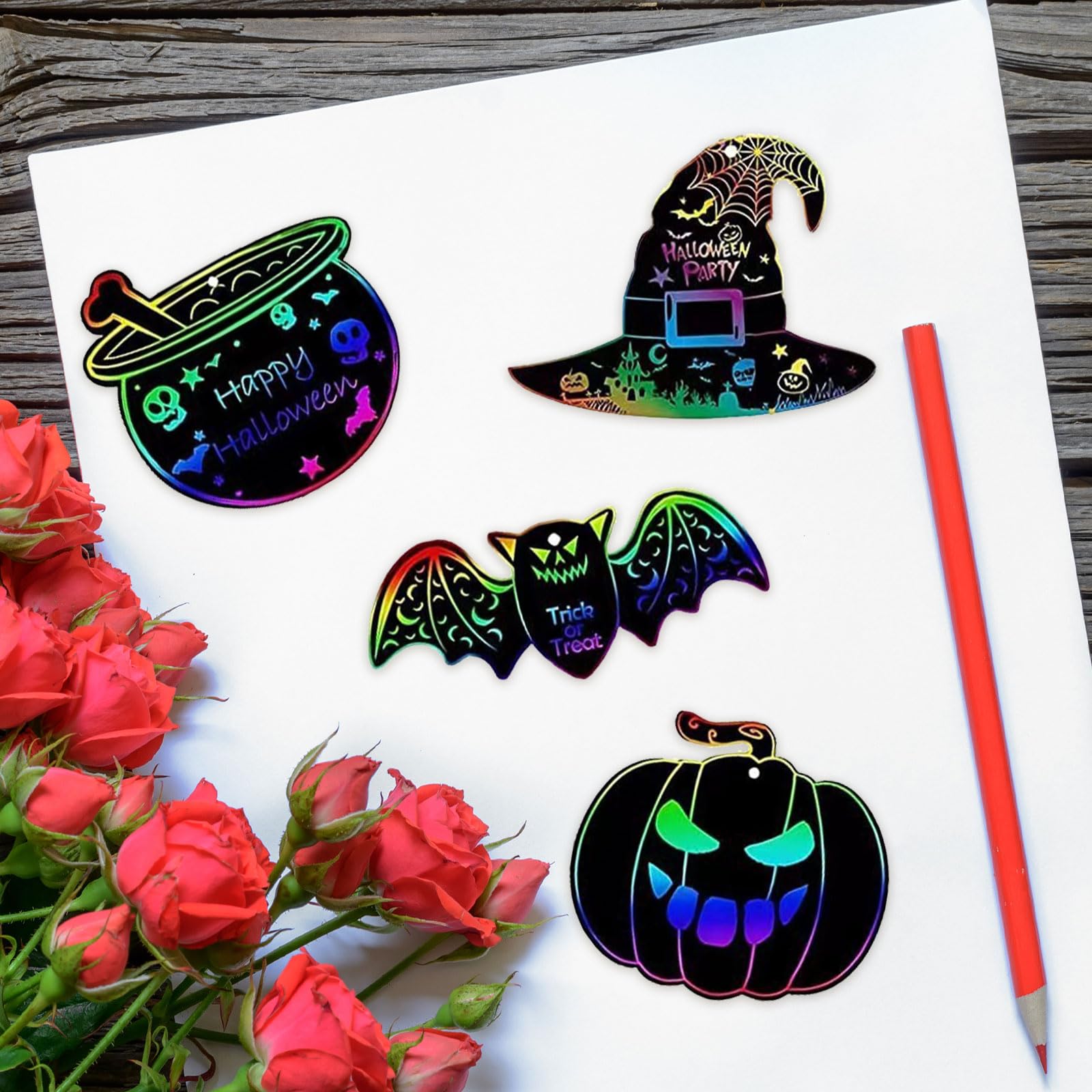 Vordpe Pack of 48 Halloween Scratch Pictures, Colourful Halloween Scratch Art for Children, Halloween Embellishments Hanging Craft Kits, Scratch Art Paper with Wooden Pens Ribbon (B-GHZ307) - Image 3