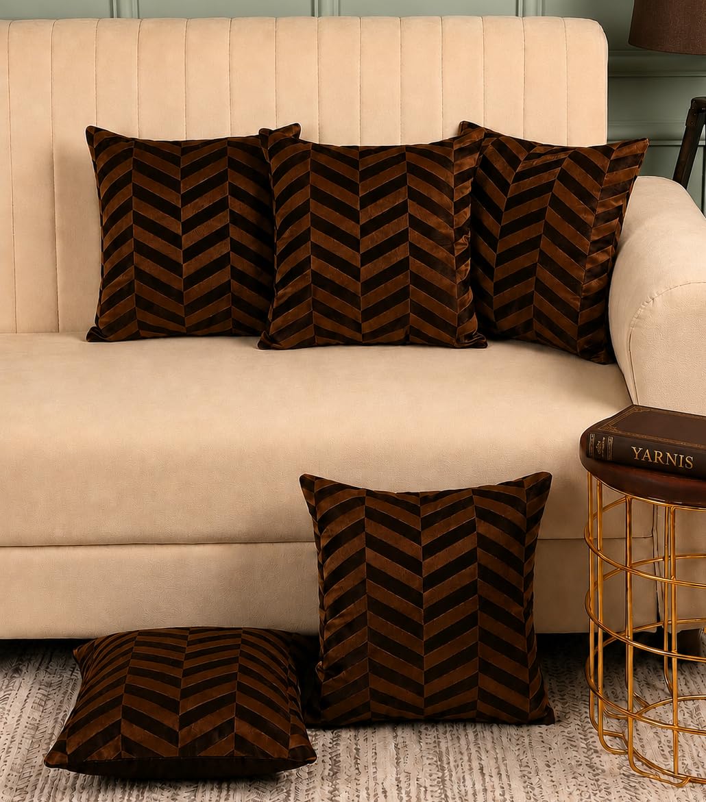 Yarnis Velvet Cushion Covers Set of 5, Chevron Textured 12x12 Inch, Soft Decorative Throw Pillow Covers with Hidden Zipper, Premium Sofa Cushion Covers for Living Room, Bedroom, Coffee-image-9