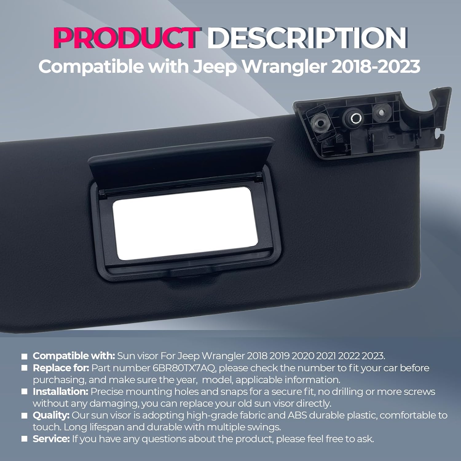 Right Passenger Side Sun Visor Without Light Replacement Fits for Jeep Wrangler JR Gladiator 2018 2019 2020 2021 2022 2023 Replace 6BR80TX7AQ with Mirror (Right Passenger Side(NO Light))