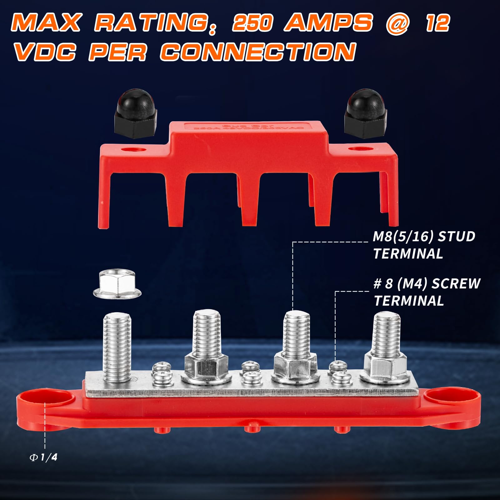 Bloc de distribution d'alimentation 12 V 250 A 4 bornes M8 (5/16") pour batterie marine, automobile, camping-car, câblage solaire – négatif et positif