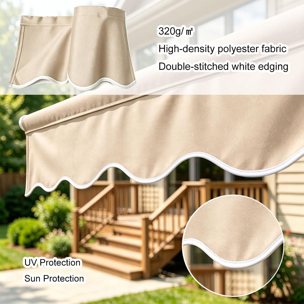 Générique Lambrequin de Remplacement pour Store Banne Extérieur H 30cm, Toile de Cantonnière Imperméable en Polyester 320g/㎡ Lambrequin Anti-UV pour Terrasse Balcon Camping-Car(Beige,B600cmxH30cm)
