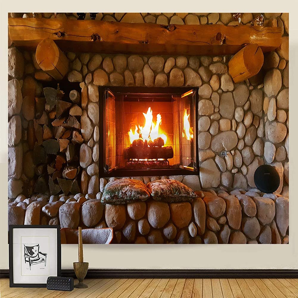 Jasionchristmas Tapestry Warm Cobblestone Fireplace Xmas Wall