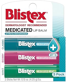 Medicated Lip Balm, 0.15 Oz Each, Classic, Mint and Berry Flavor, Soothes and Protects, Advanced Medicated Lip Care for Dry, Chapped Lips, SPF 15 Sun Protection, 3 Count, 1 Pack