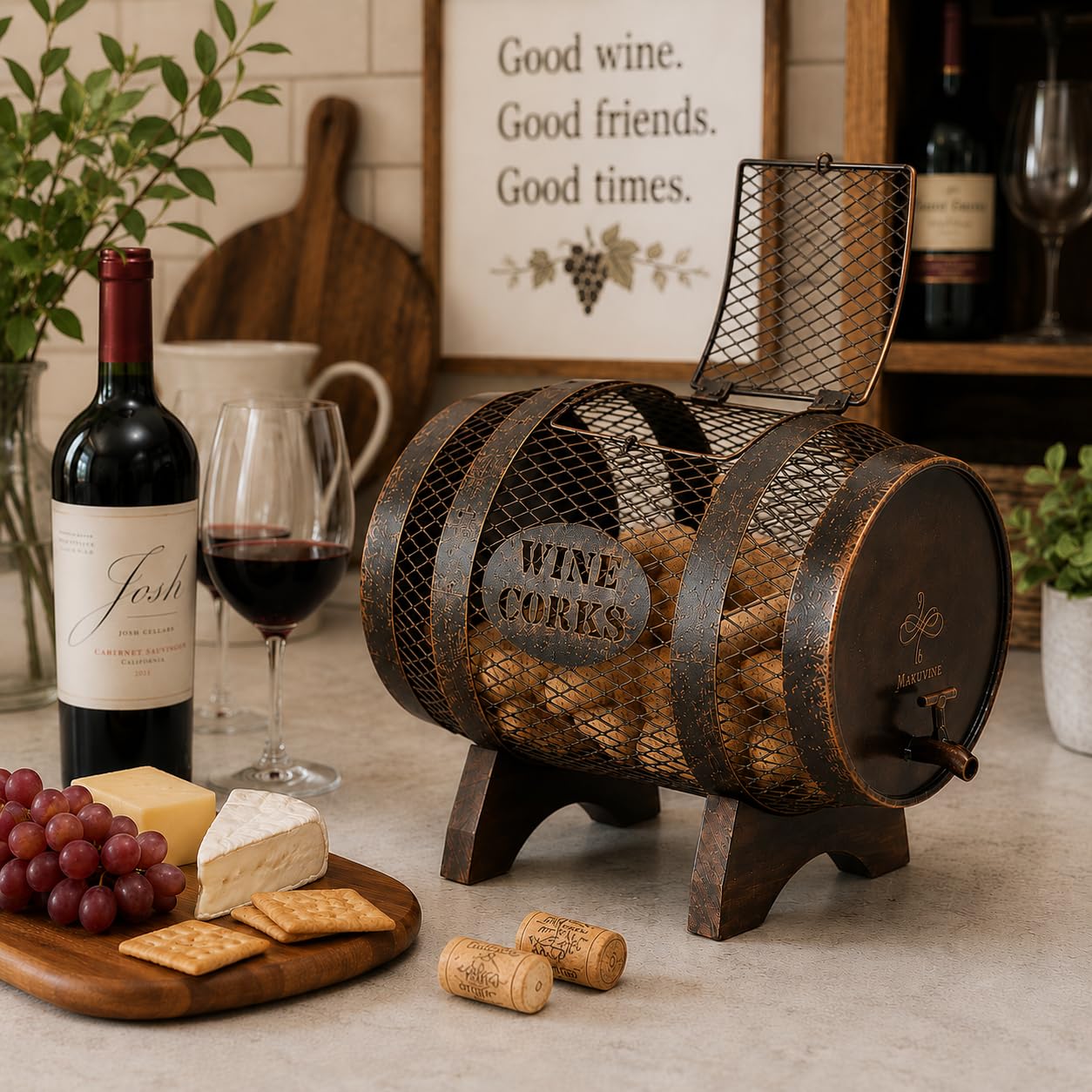 Soporte de metal rústico para corcho de vino en soporte de madera, contenedor para exhibición, decoración del hogar, regalos de inauguración de la casa, decoración de bar en casa, regalos de