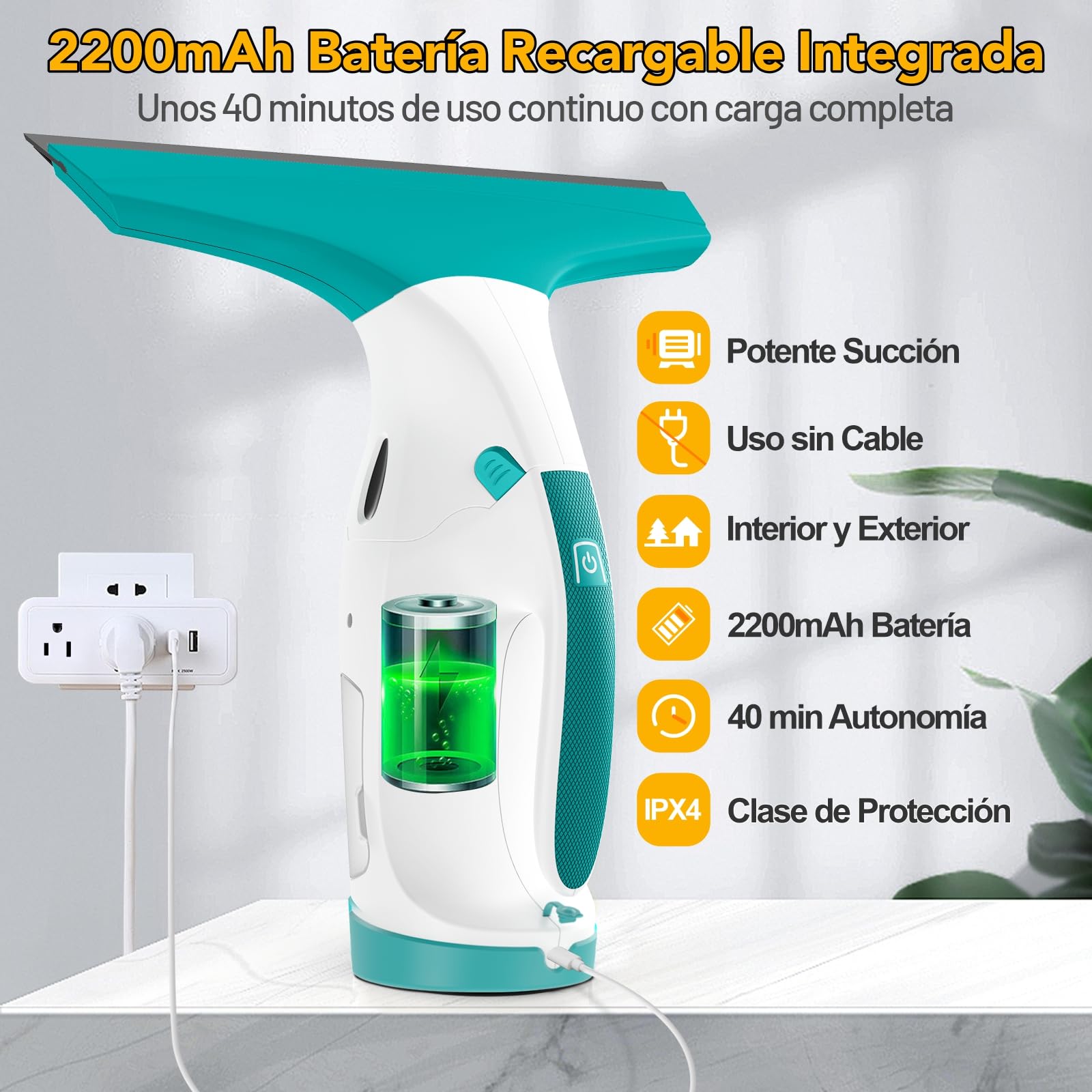 EAVE Limpia Cristales, Kit de Limpiacristales Electrico Mejorado con Escobillas de 17cm & 28cm, Limpiacristales con 40min de Autonomía & Tanque de Agua de 270ml, Apto para Ventanas, Baños, WC09(WH)