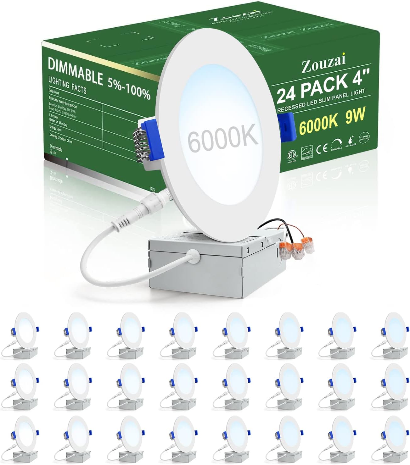 zouzai 24 Pack 4 Inch Ultra-Thin LED Recessed Ceiling Light with Junction Box, 6000K Clear White, 9W 80W Eqv, Dimmable Can-Killer Downlight, 810LM High Brightness - ETL Certified 4 Inch 6000K Clear White