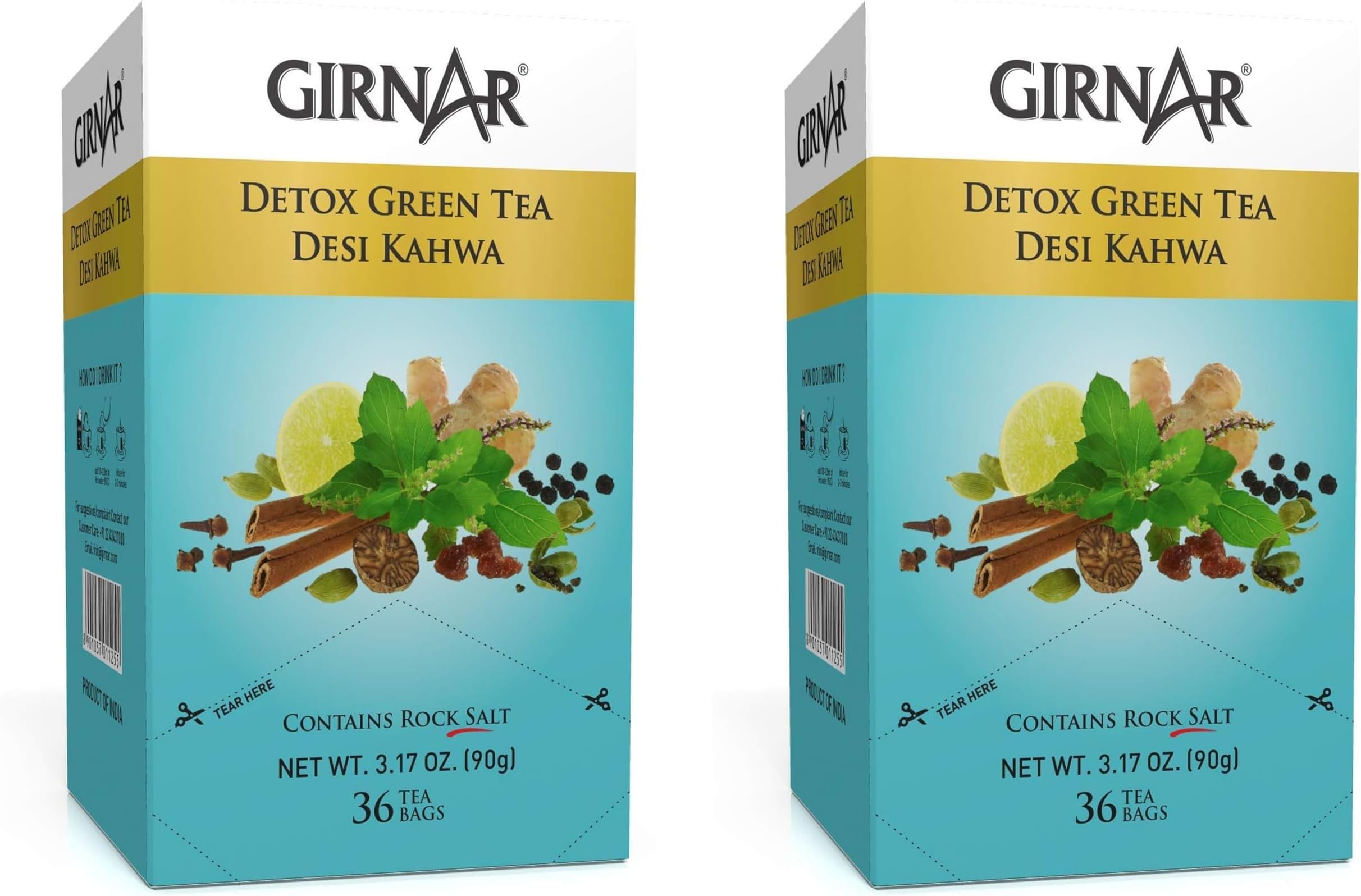 Girnar Green Tea Desi Kahwa (Detox Tea) - 36 Tea Bags X 2 Packs