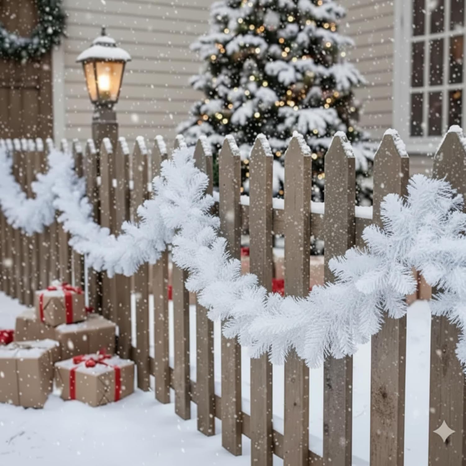 4 Pcs 9 ft Canadian Pine Christmas Garland Thick Artificial Pine Winter Garland Deluxe Faux Holiday Season Outdoor for Christmas Home Seasonal Indoor Decorations(White)