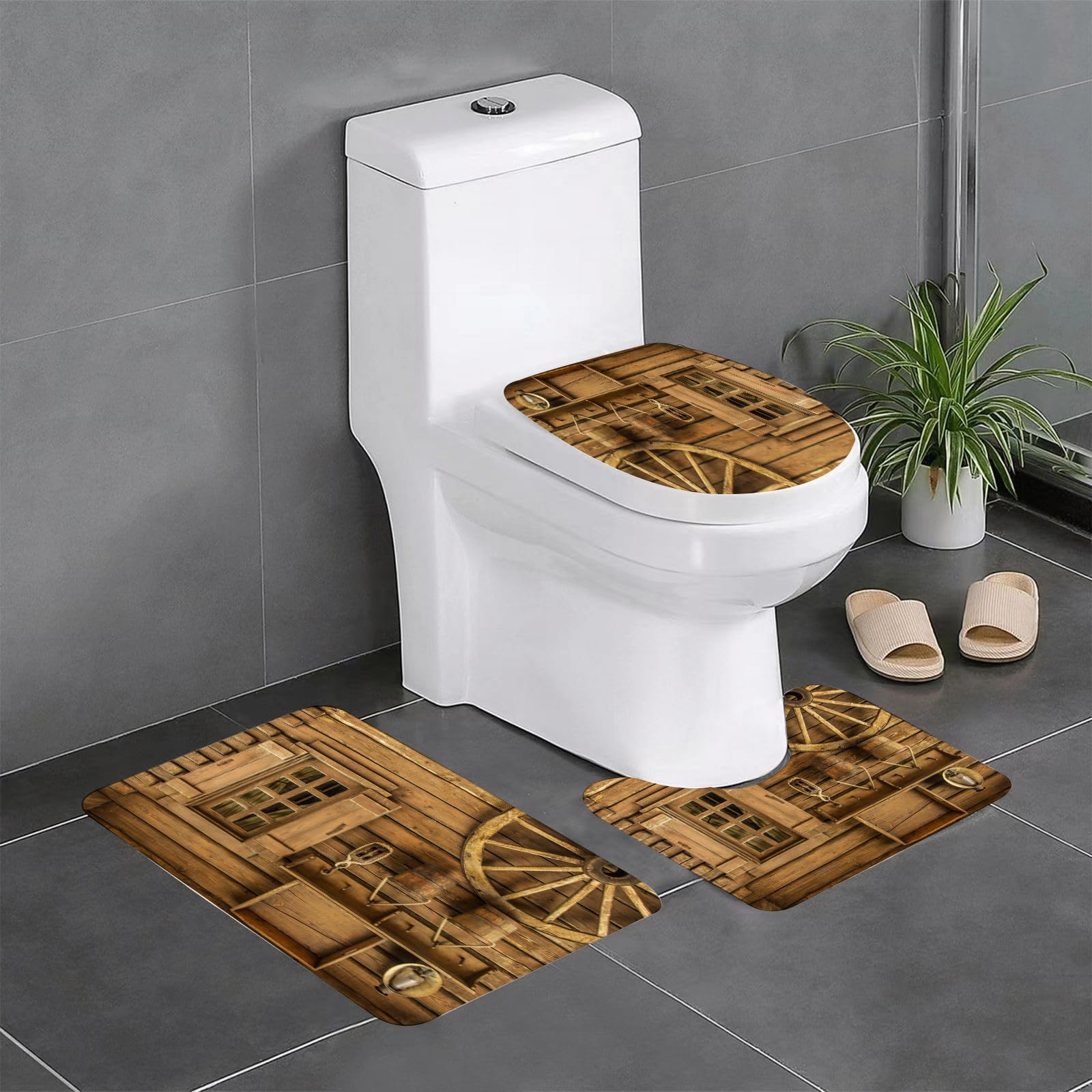 Set di 3 tappetini da Bagno, Lavabili in Lavatrice e Antiscivolo, in Morbida Fibra Superfine. L'Immagine raffigura la Porta d'ingresso dell'antico Bagno pubblico in Legno del Villa