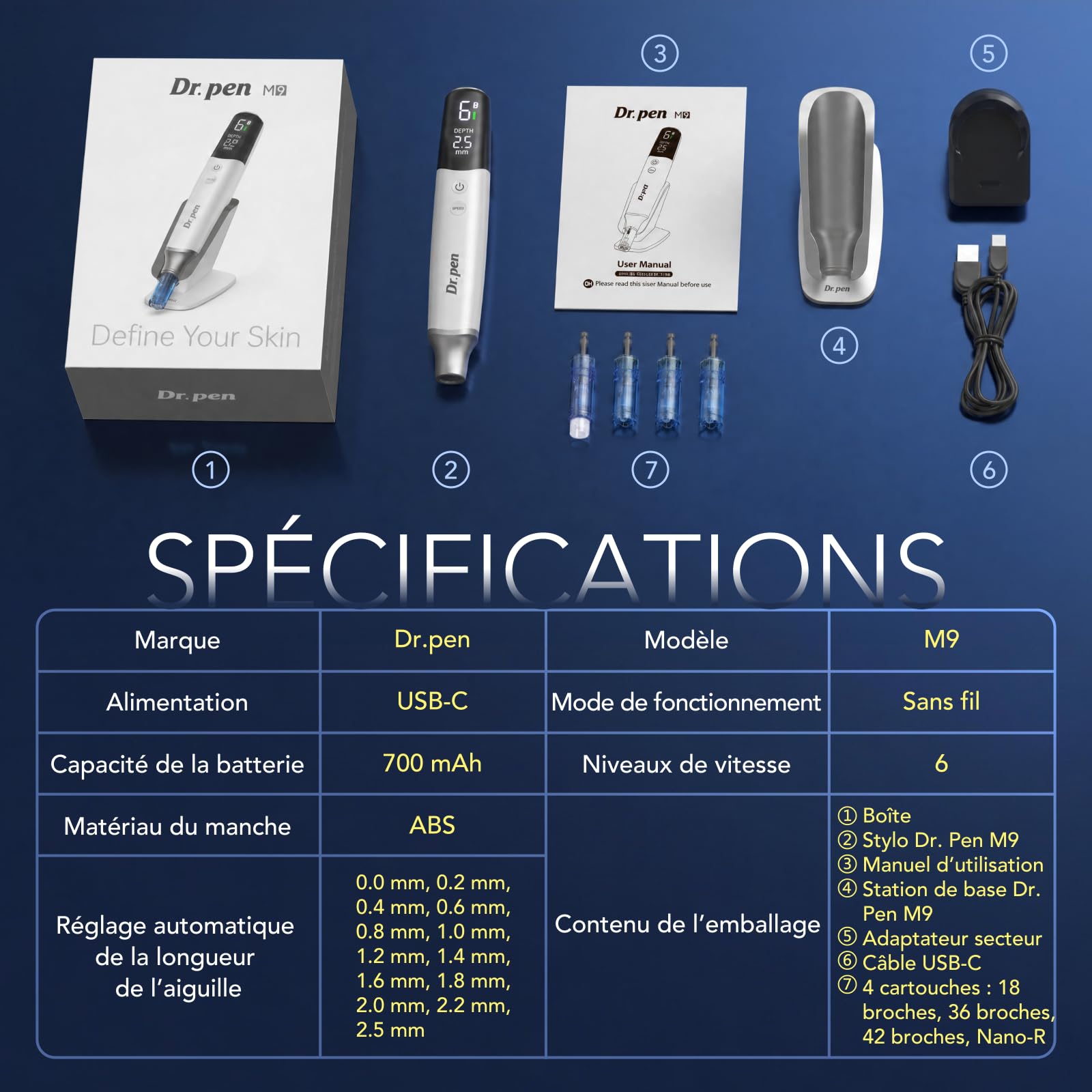 Dr. Pen M9 Stylo Microneedling Sans Fil | 4 Types de Cartouches Interchangeables | 6 Vitesses Réglables, 0–2.5mm Réglage de Profondeur, Batterie Rechargeable 700 mAh avec Station de Support