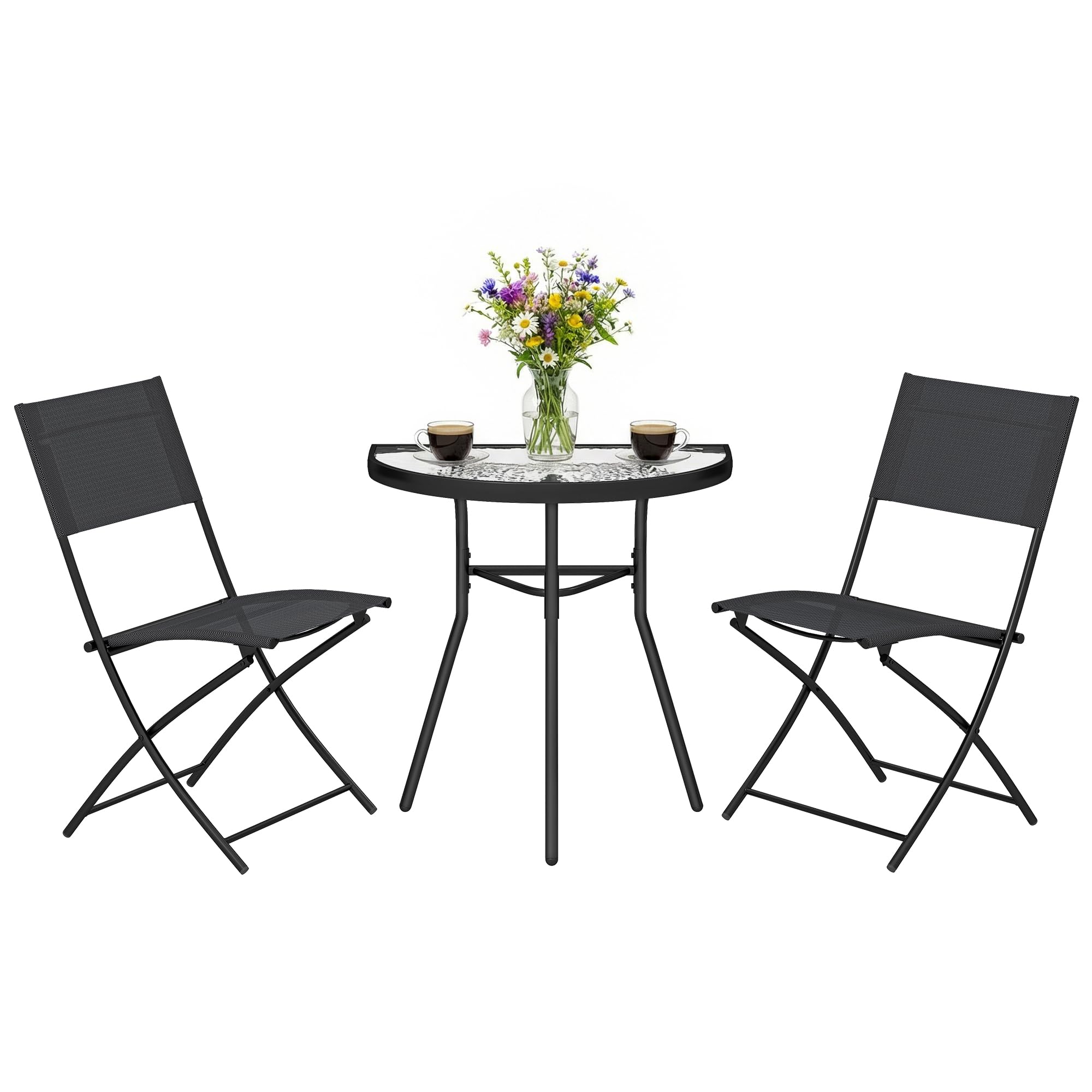 Outsunny Bistro-Gartenmöbel-Set, 3-teilig, Terrassenmöbel mit halbrunden Tisch, 2 Klappstühle, Mesh, Metallrahmen, ideal für Balkon, Terrasse, Garten, Schwarz