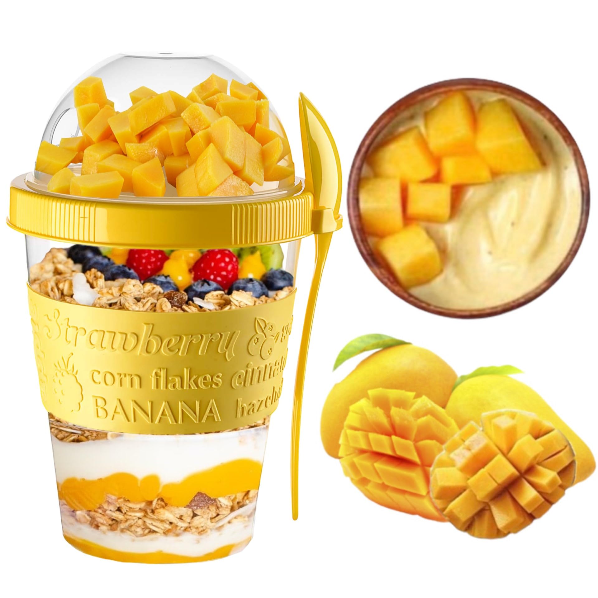 vingardium leviosa VL Yogurt Pots Spoon Reusable 600ML Overnight Oats Container Muesli Cup with Lid BPA free Breakfast Cereal On Go Dishwasher Safe Snack Lunch Oatmeal Jars Travel Meal Food (Yellow)