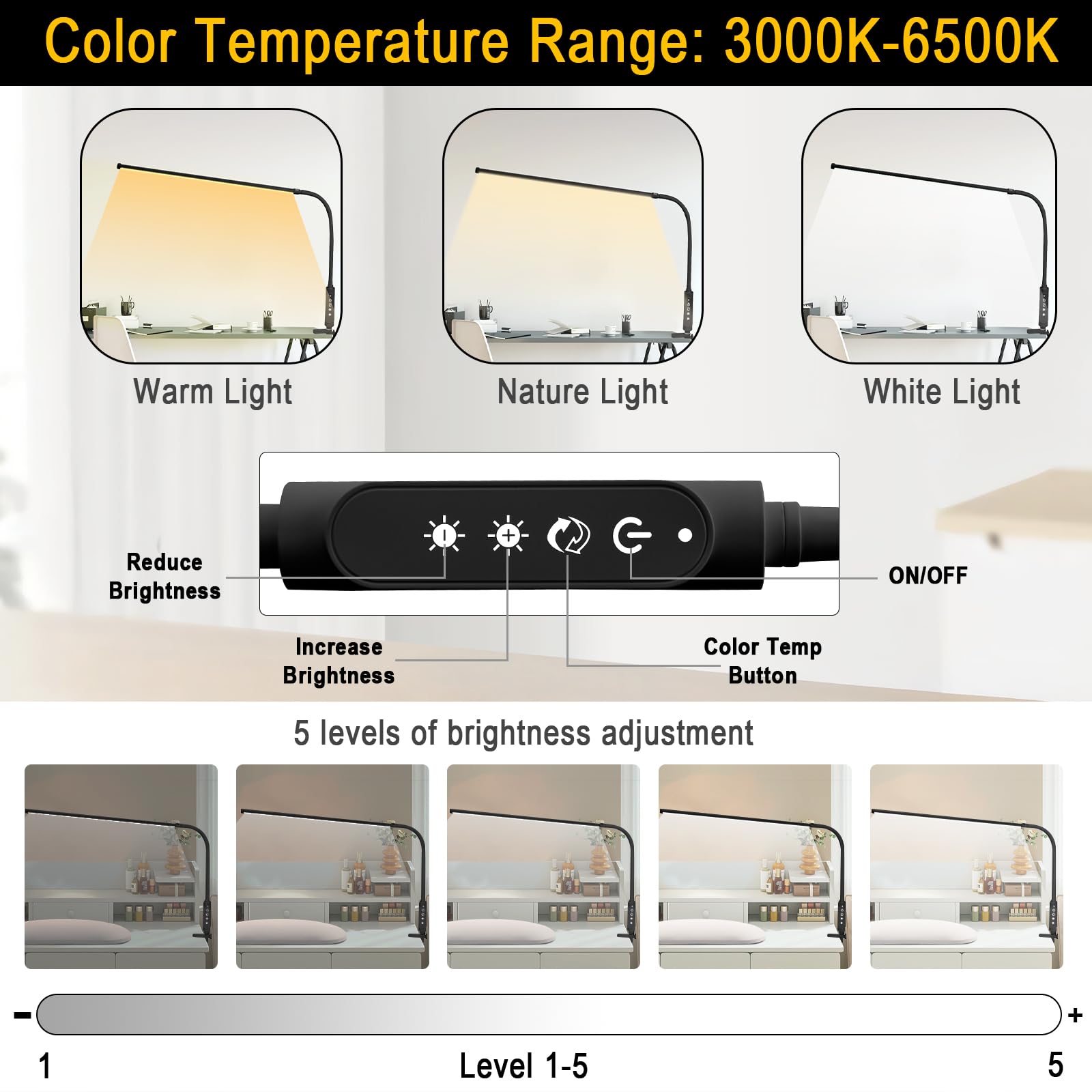 CGBE Extra-lange 60 cm Nageltischlampe LED Dimmbare Klemmlampe für Maniküre | 360° Verstellbare Tischlampe für Nagel mit 3 Farbmodi und 5 Helligkeiten - Touch Steuerung - für Tattoo Basteln - Schwarz
