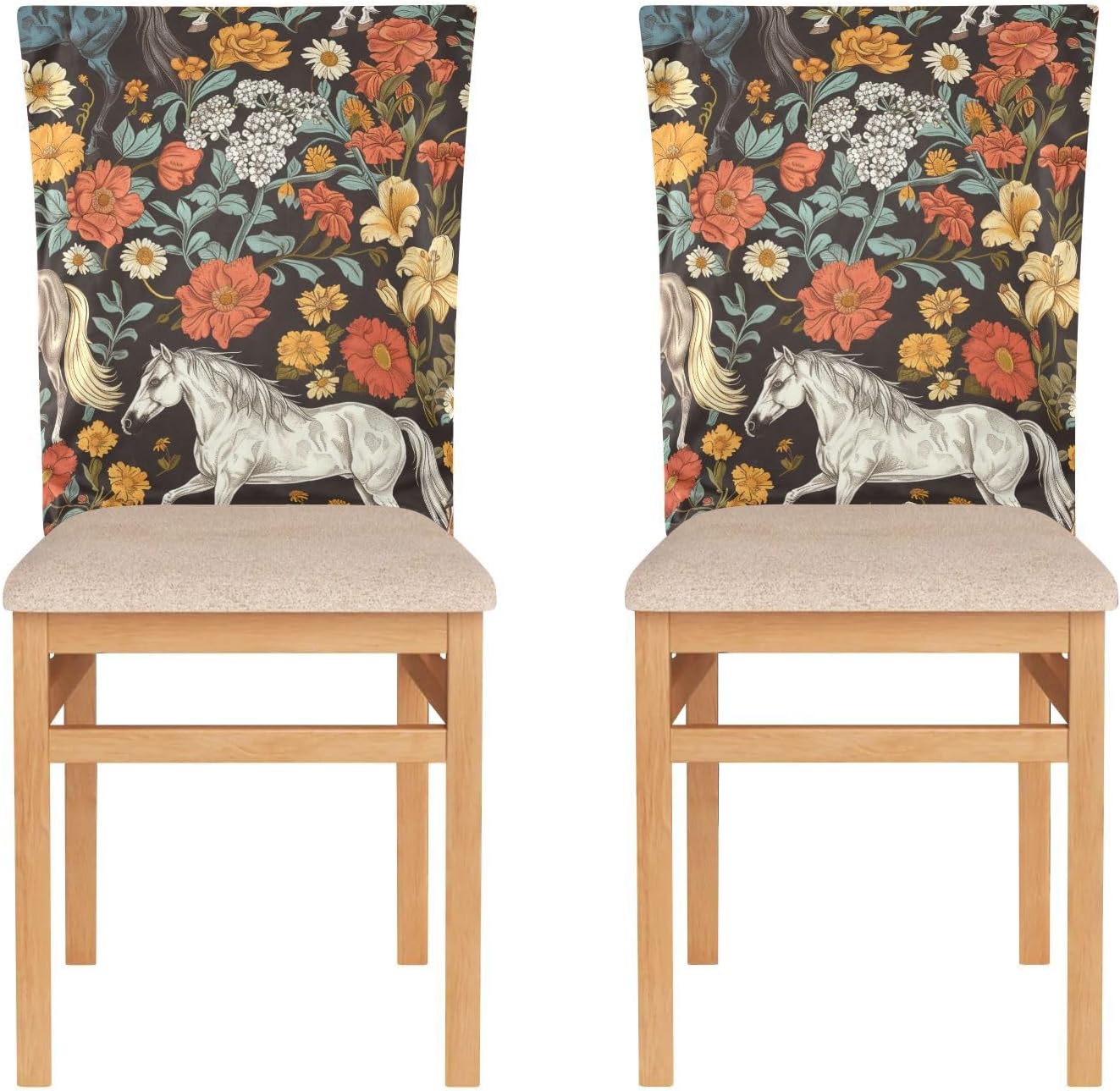 ALAZA Cute Flowers and Horses Chair Back Cover Set of 6, Washable Reusable Removable Chair Slipcovers Decorative Chair Cover for Home Kitchen Wedding Party
