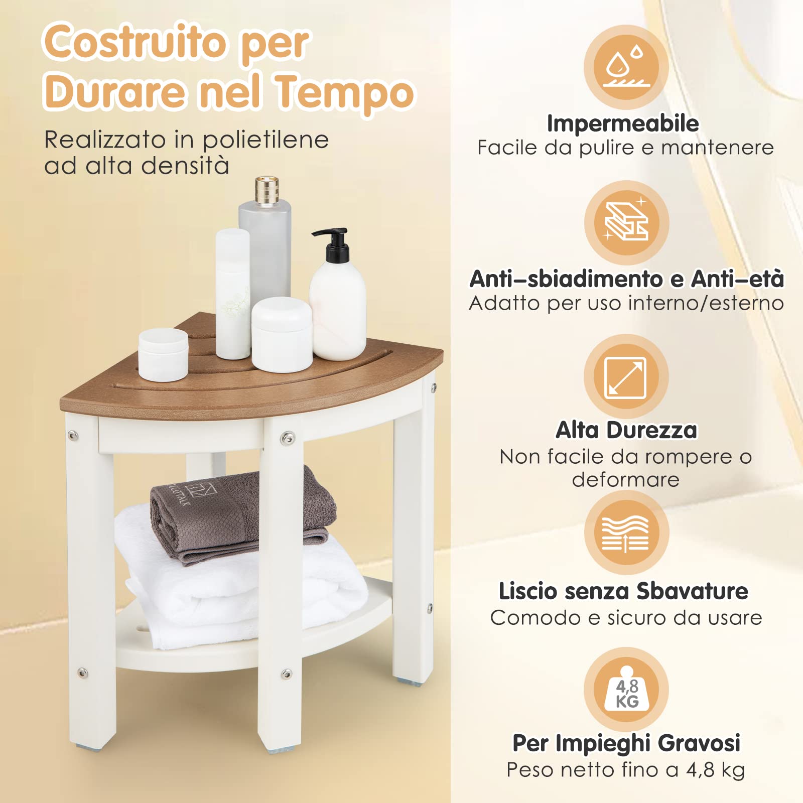 COSTWAY Sgabello Doccia, Sedia da Bagno Angolare in Polietilene con Ripiano, Sedile Multiuso a 2 Livelli per Uso Interno o Esterno, 32,5x32,5x43,5 cm, Capacità di Peso 150 kg (Marrone)