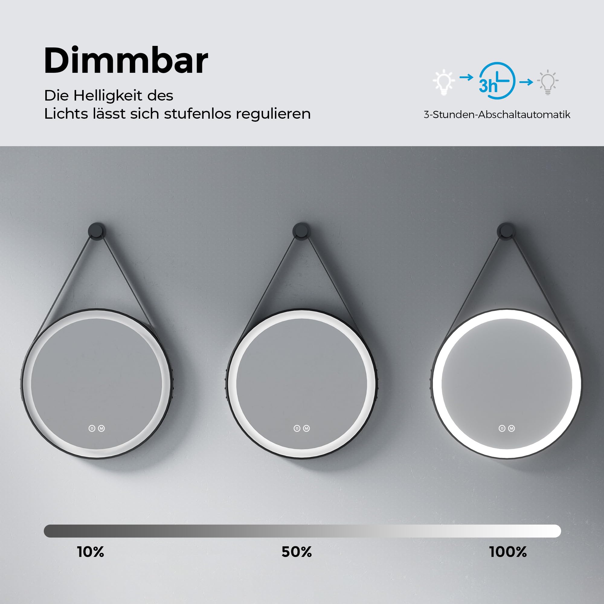 Heilmetz LED Badspiegel Ø 50 cm, 3 Lichtfarben dimmbar, Touch, Schwarz