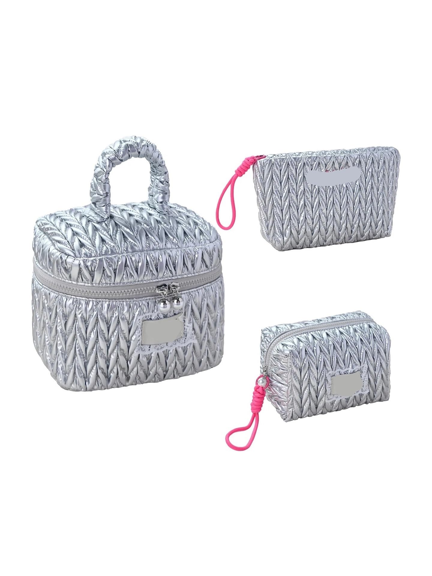 Beauty Case Trapuntato Borsa cosmetica in pelle PU trapuntata argento | Organizer for trucchi da viaggio di grande capacità(17x10cmx11cm)