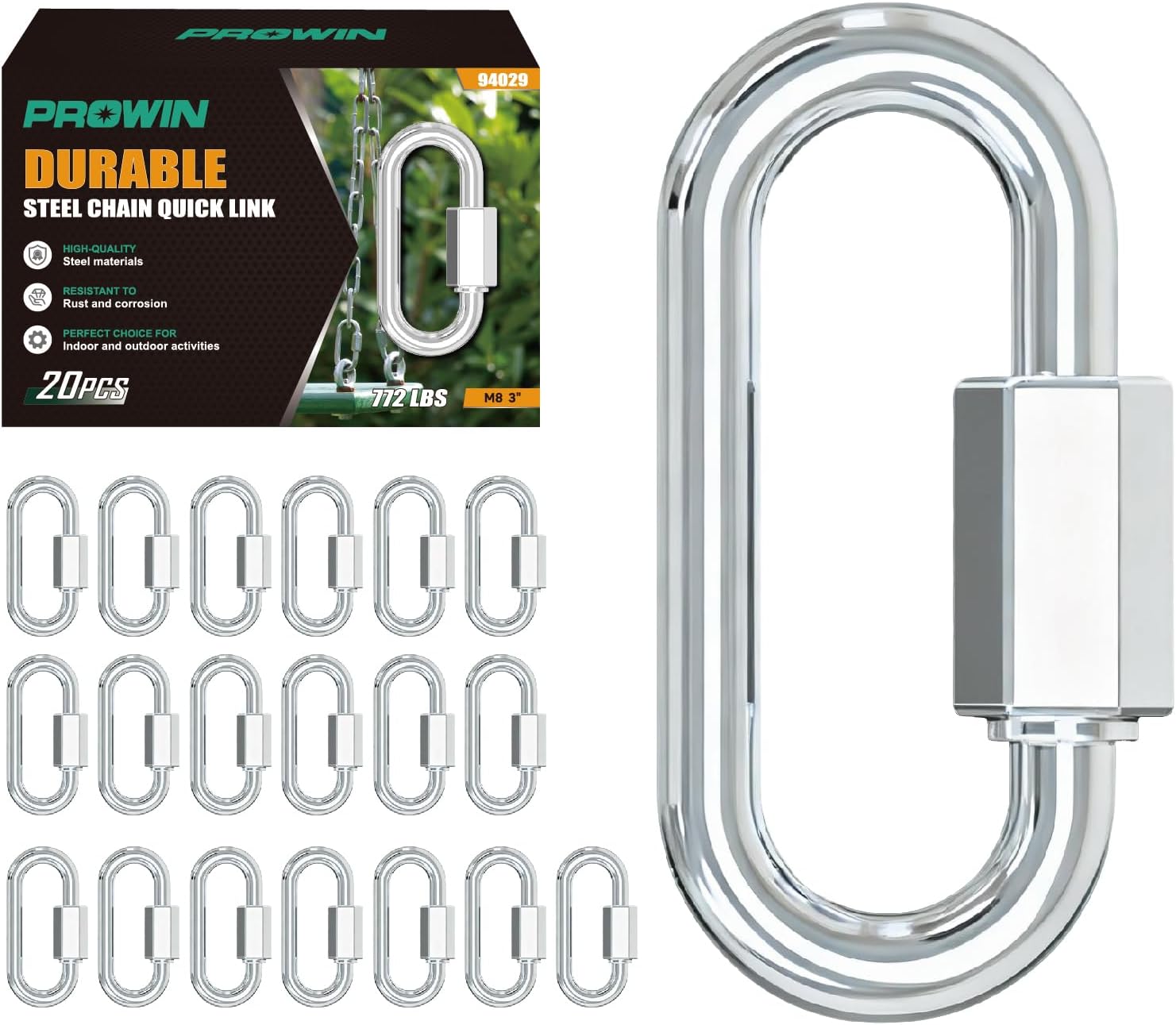 PROWIN Quick Link Connectors, Heavy Duty Screw Steel Chain Locking Carabiner for Towing, Rigging, Camping, Fence, Swings and Outdoor