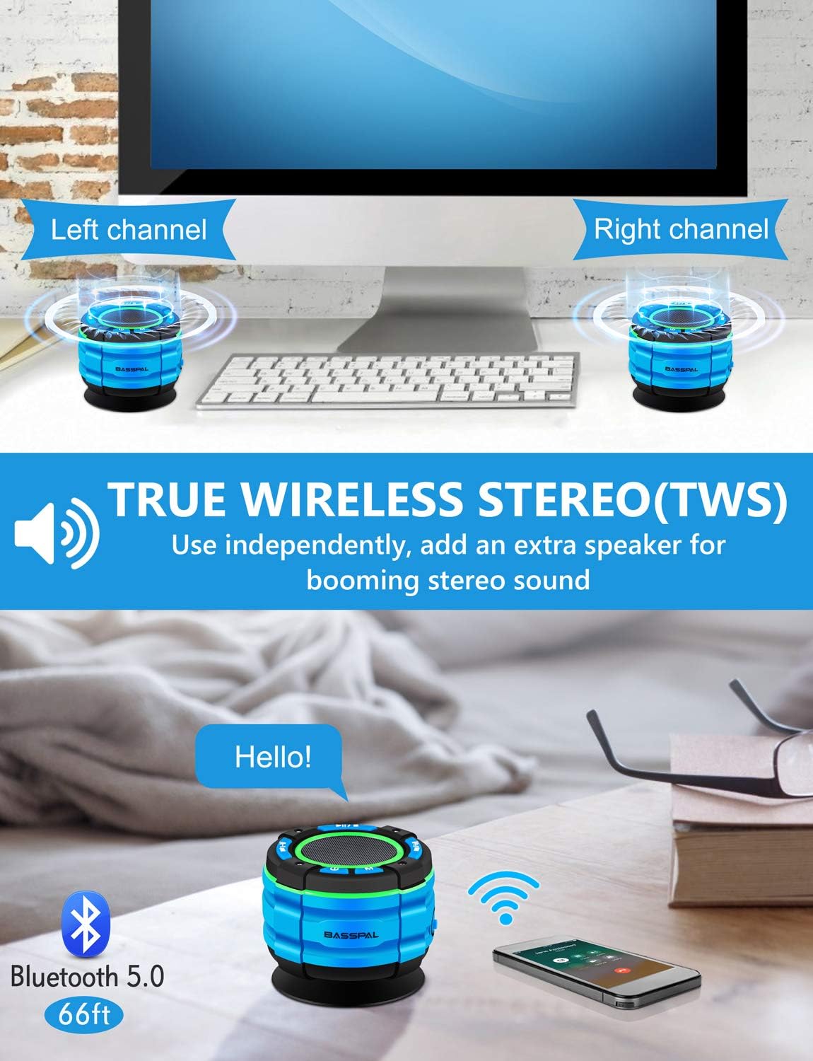 🔥 Crazy Deals BassPal Bluetooth Speaker IPX7 Waterproof Shower Speakers Bluetooth Wireless Shower Radio with 10W 15 Hours Playtime, TWS, Loud Stereo Sound for Shower Hiking Camping (Blue)