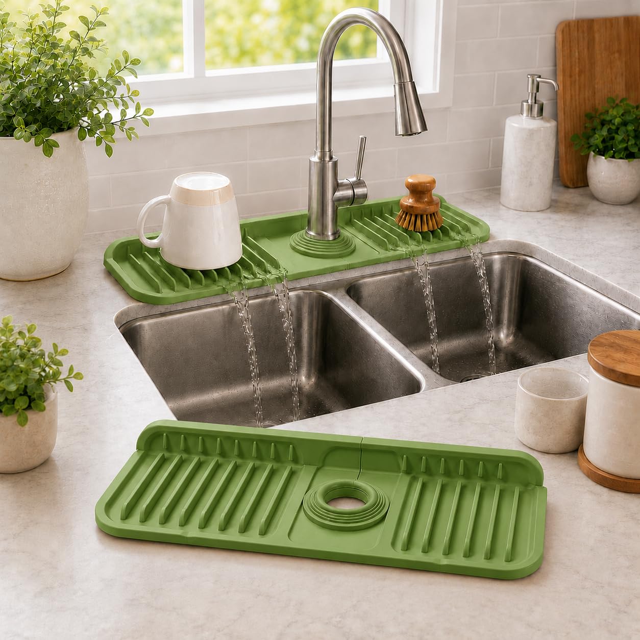 Photo 1 of 14.5" Green Silicone Faucet Mat for Kitchen Sink – Button Style Faucet Drip Catcher Sink Splash Guard with 6° Slope, Behind Faucet Draining Mat | Leak-Proof Countertop Protector for Kitchen Bathroom