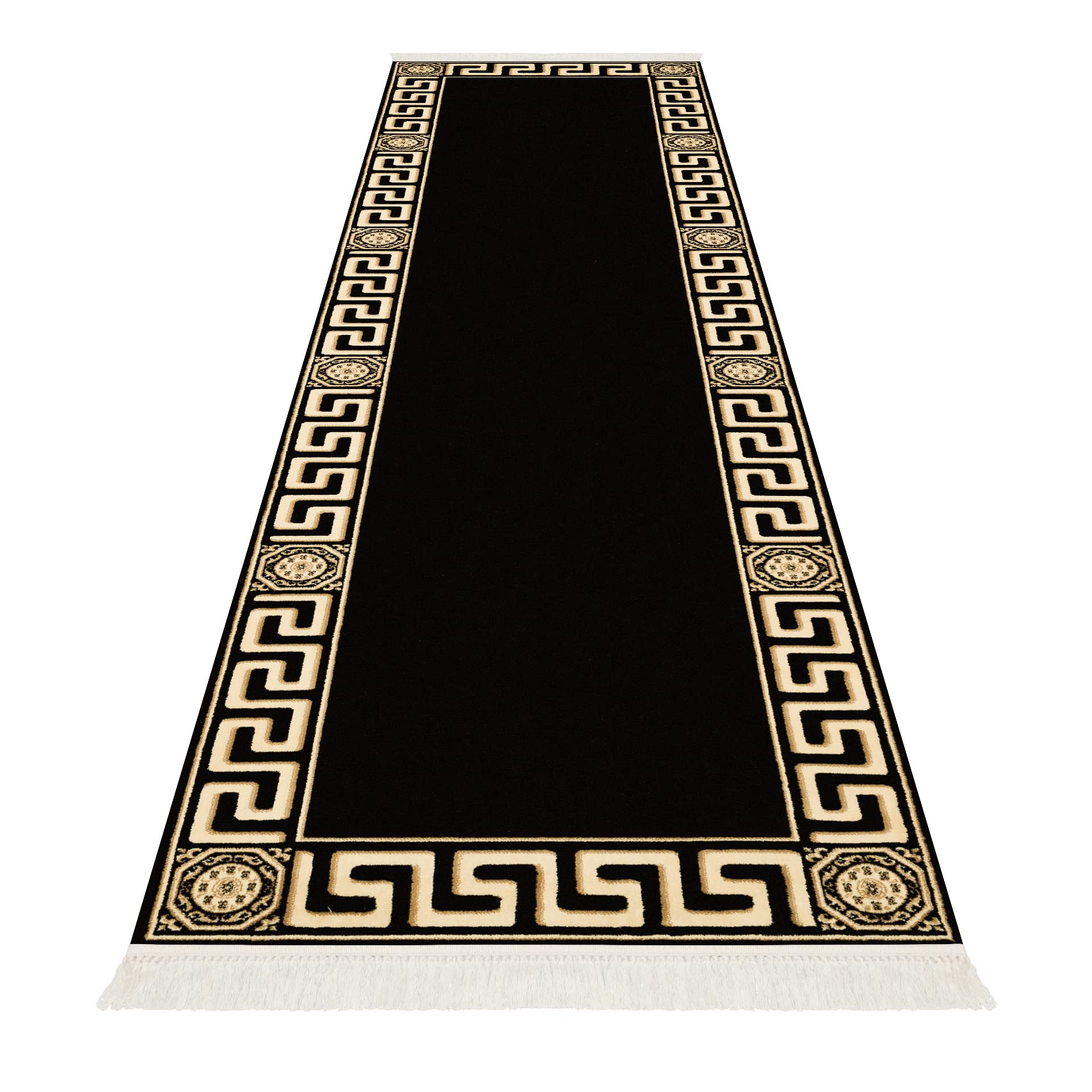 Premium Flur Teppich Läufer Teppichläufer Flur Schlafzimmer Küche Maänder Muster Kurzflor in Schwarz Gold mit Fransen - Mäander Design Antirutsch K-Seidenglanz 100% Viskose Öko Tex - 80x200 cm