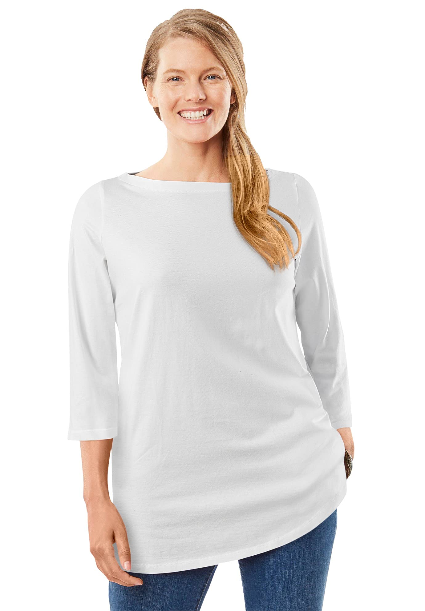 Woman Within Plus Size Perfect Three-Quarter Sleeve Boatneck Tee