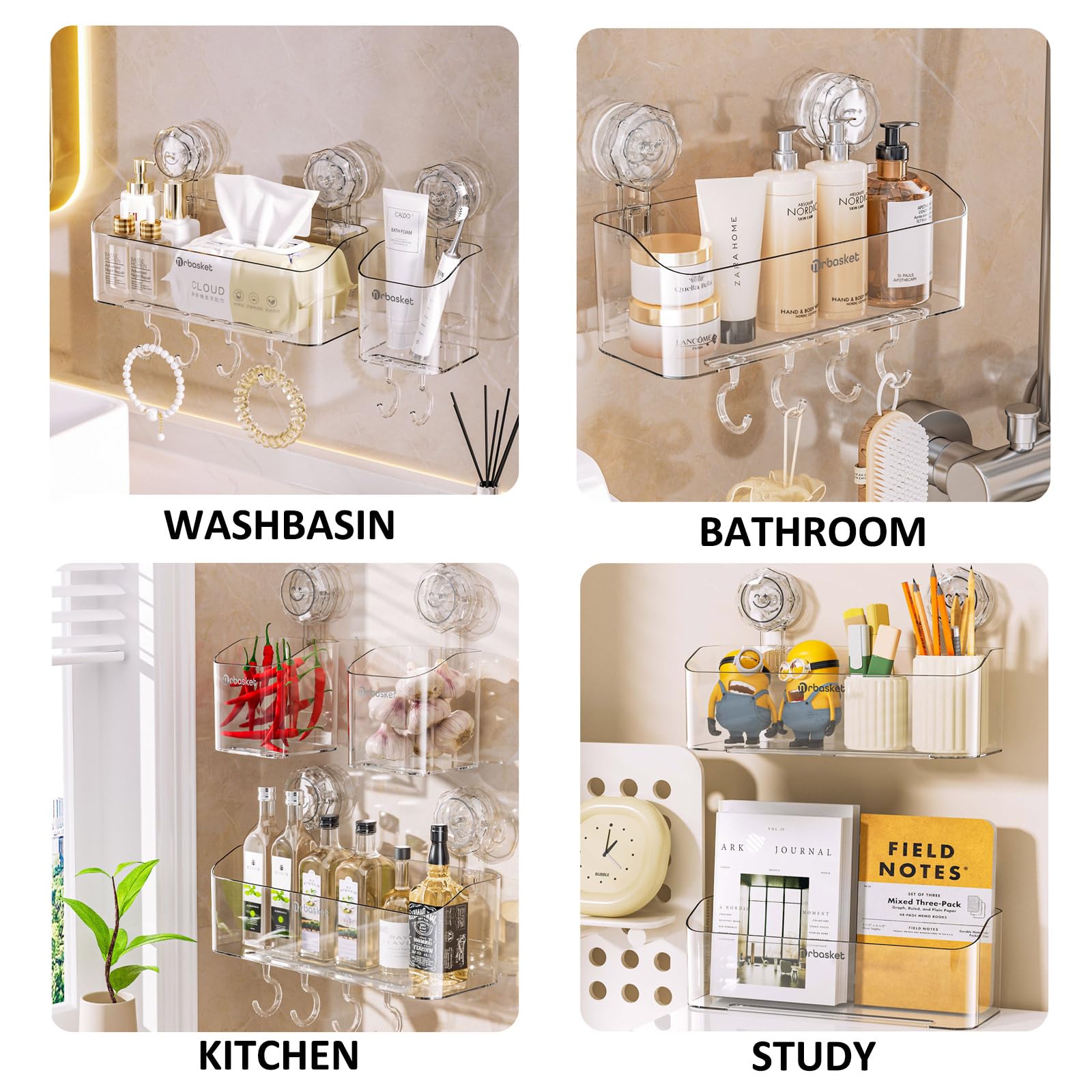 QICAIFACAI Shower Caddy Suction 2-Pack (No-Drilling) Shower Storage Rack with Movable Hooks - Image 3