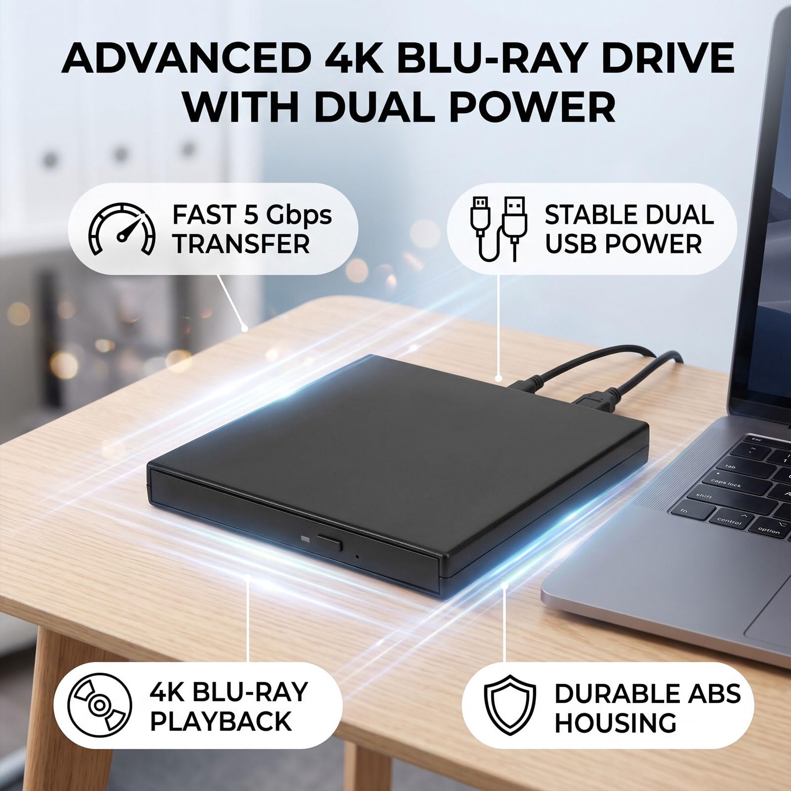 Zunate Unidad óptica Externa USB 4K, Multimedia BD DVD CD de 5 Gbps (Silver)