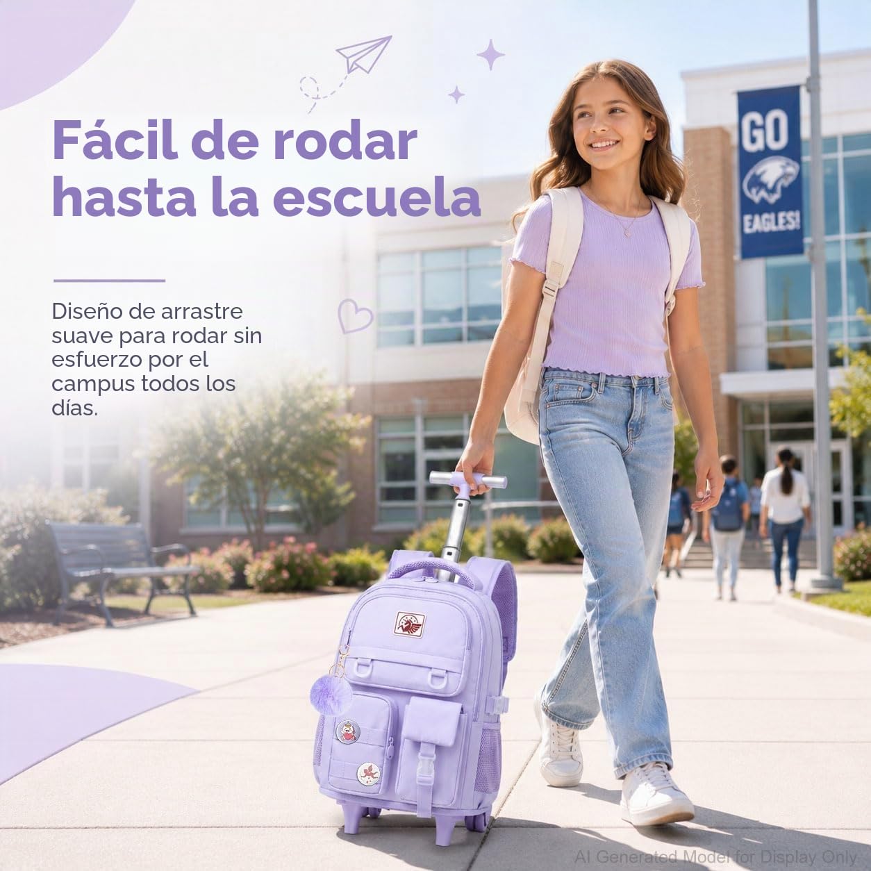 CCJPX Mochila con ruedas para niñas y mujeres, mochila escolar con ruedas de 21 pulgadas, mochila con ruedas con bolsa de almuerzo para adolescentes, 21"púrpura