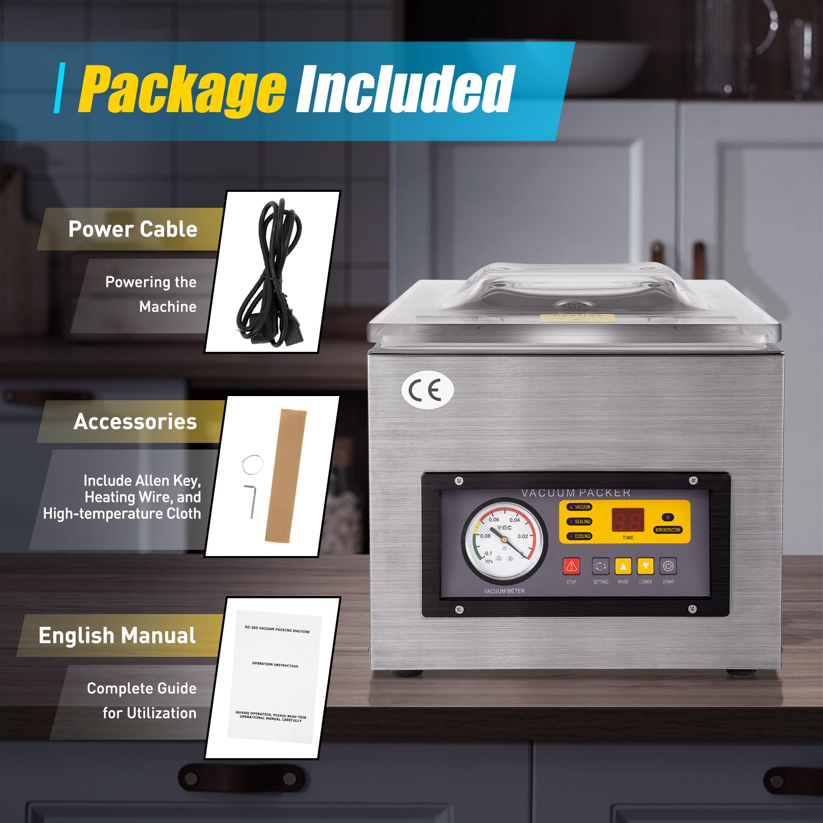 DZ-260S - Envasadora al vacío profesional, 220 V, velocidad de embalaje 1-4 unidades/min, tamaño máximo del sello 30 x 26 cm, para hogares, supermercados, fábricas de alimentos