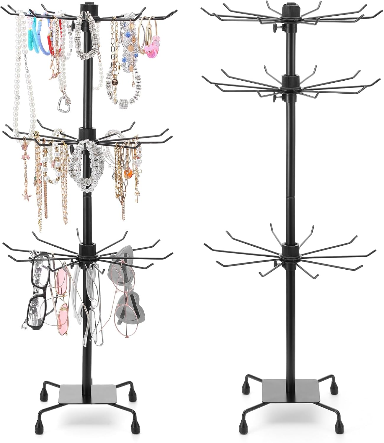 Kifmurase 2PCS Rotating Display Stand Metal Spinner Display Rack with Hooks Adjustable Height Holders for Earrings Necklace Key Rings, 3 Tiers Retail Vendor Jewelry Display Rack(Black)