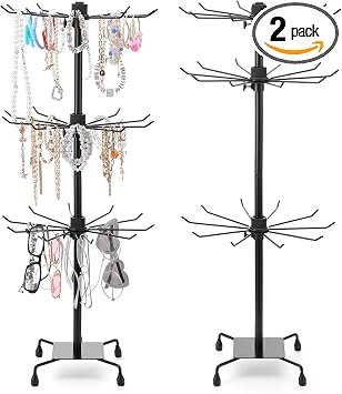 Kifmurase 2PCS Rotating Display Stand Metal Spinner Display Rack with Hooks Adjustable Height Holders for Earrings Necklace Key Rings, 3 Tiers Retail Vendor Jewelry Display RackBlack